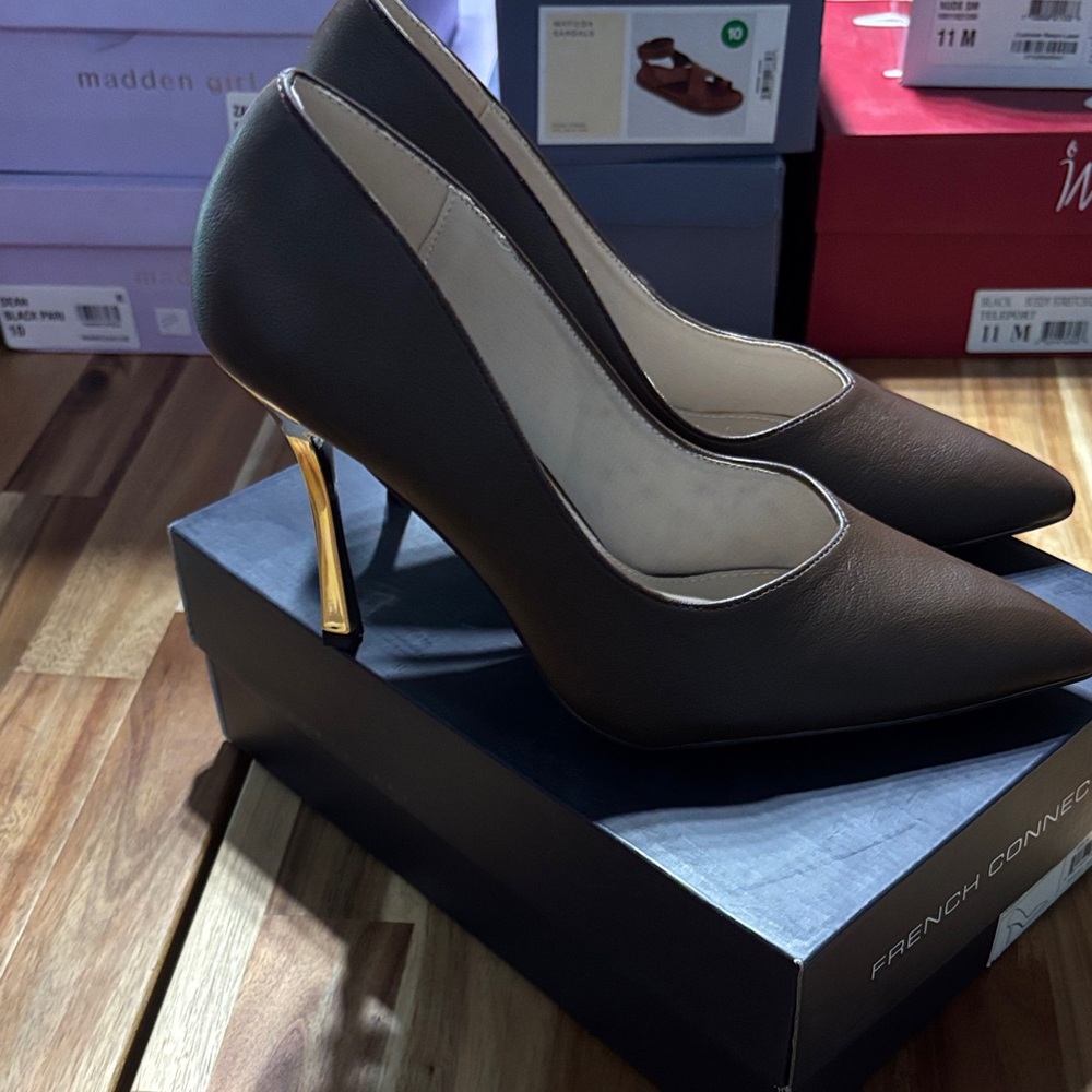 French Connection Dark Brown Heels with Gold Accent